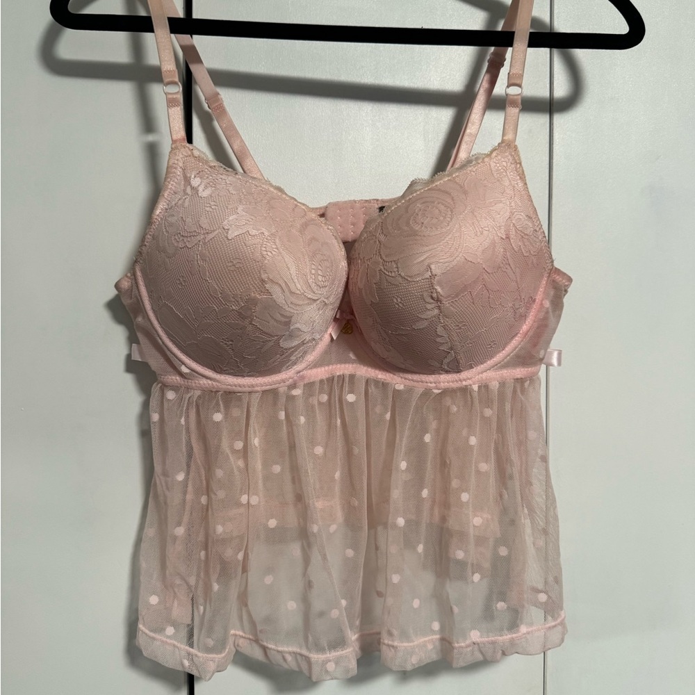 Blush Pink Lace & Polka-Dot Mesh Babydoll Top